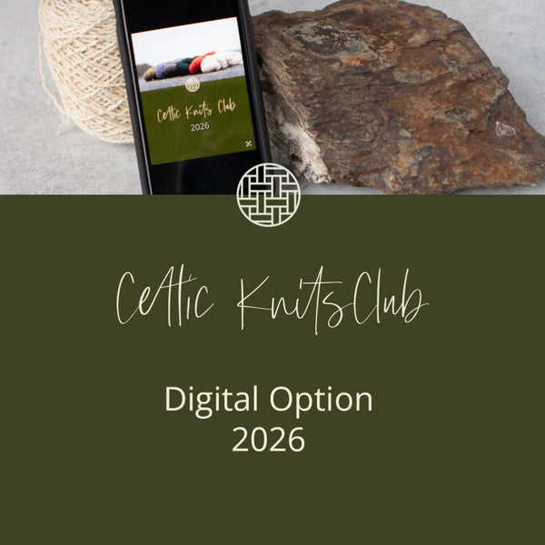 phone showing celtic knits club with a cake of wool and a rock