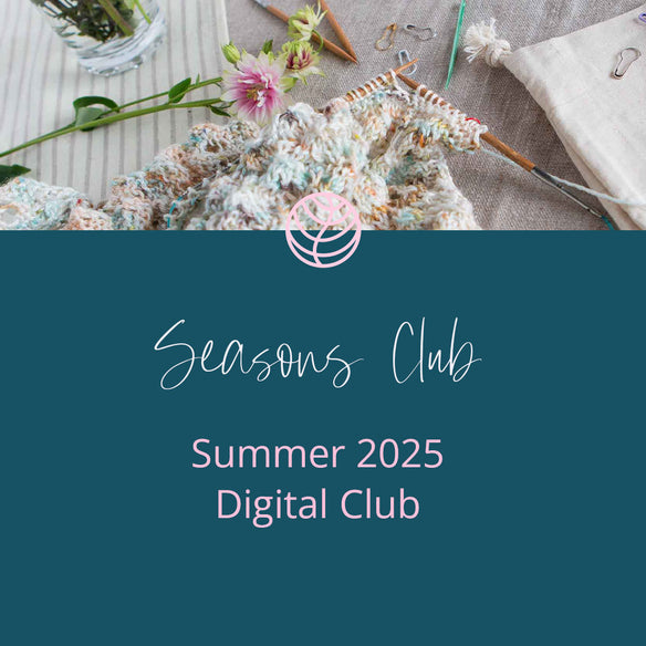 Knitted sweater with knitting needles and flowers on a textured surface, featuring 'Seasons Club Summer 2025 Digital Club' text.
