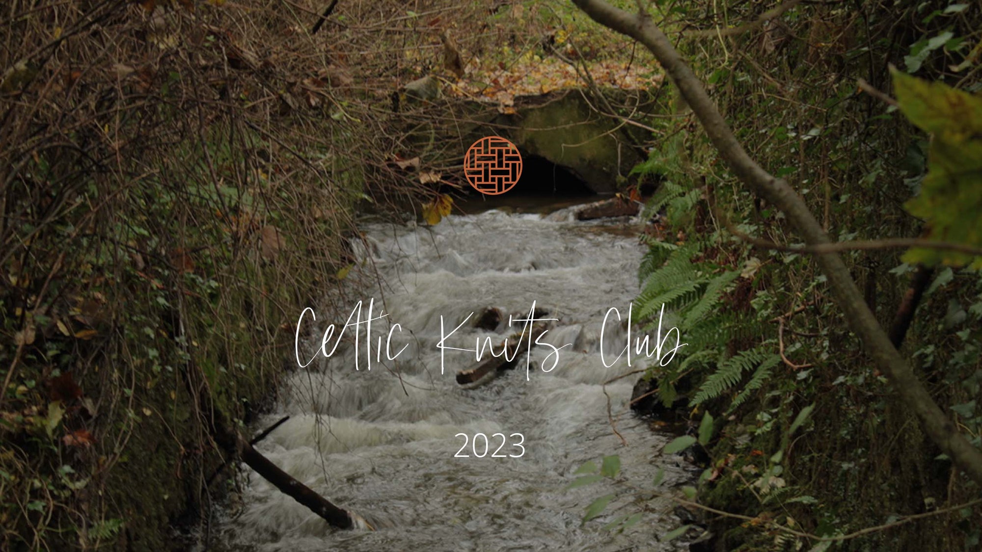 Celtic Knits Club banner on waterfall background